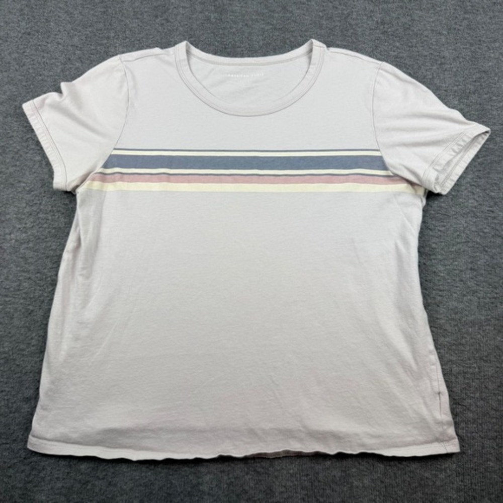 American Eagle T-Shirt Women's Large Gray Striped Crew Neck‎ Short Sleeve Cotton